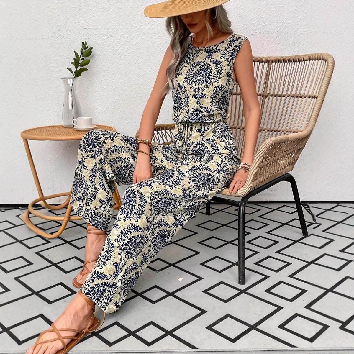 Floral Print Sleeveless Wide-Leg Jumpsuit