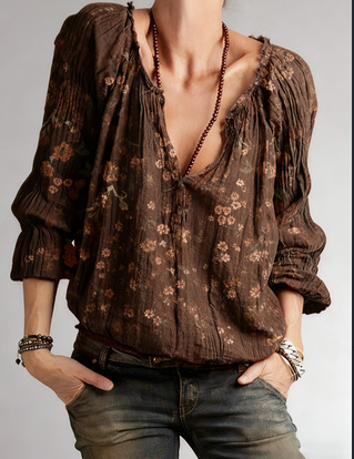 Boho V‑Neck Off‑Shoulder Shirt – Relaxed Fit, All‑Season