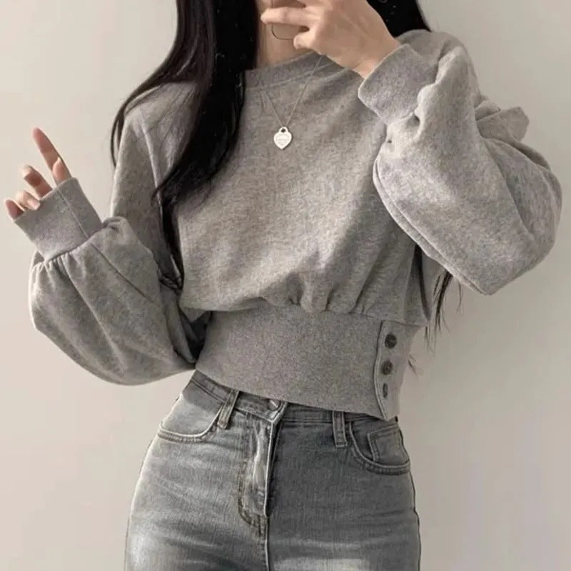 Cropped Button Long Sleeve Sweatshirt for Women
