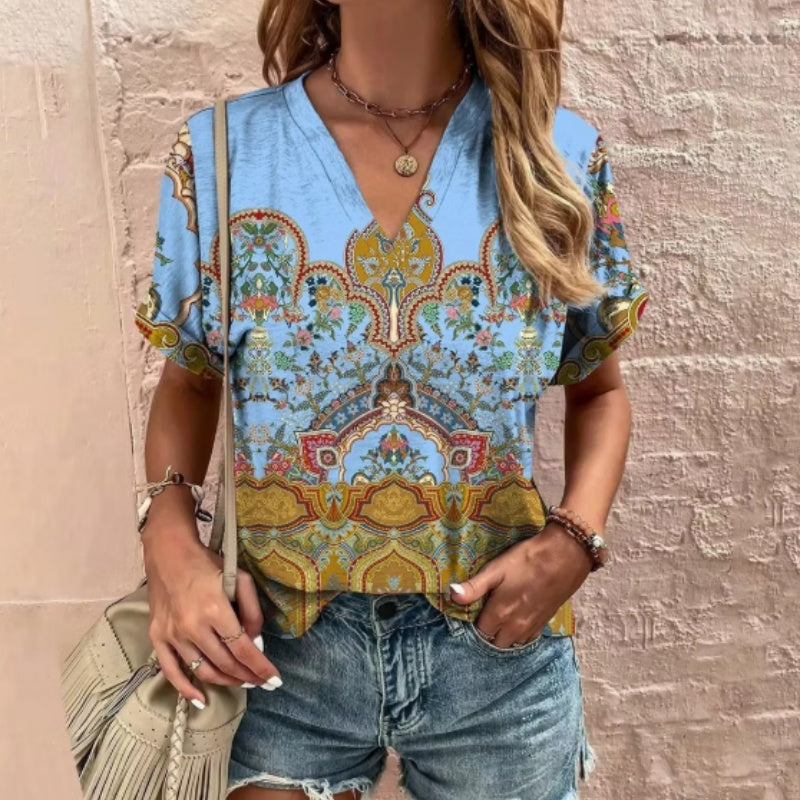 Light Blue Floral V-Neck Tee for Women