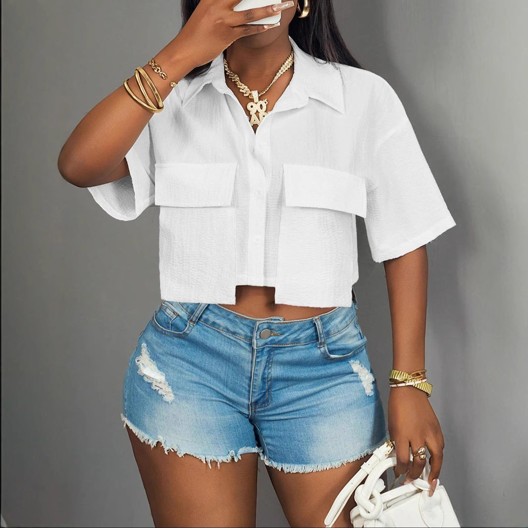 Casual Pocket Tee – Short‑Sleeve Solid Shirt for Women