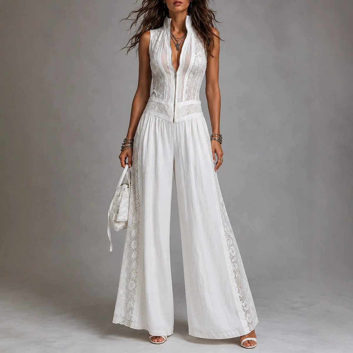 High-Waisted Wide-Leg Draped Jumpsuit with Cutouts