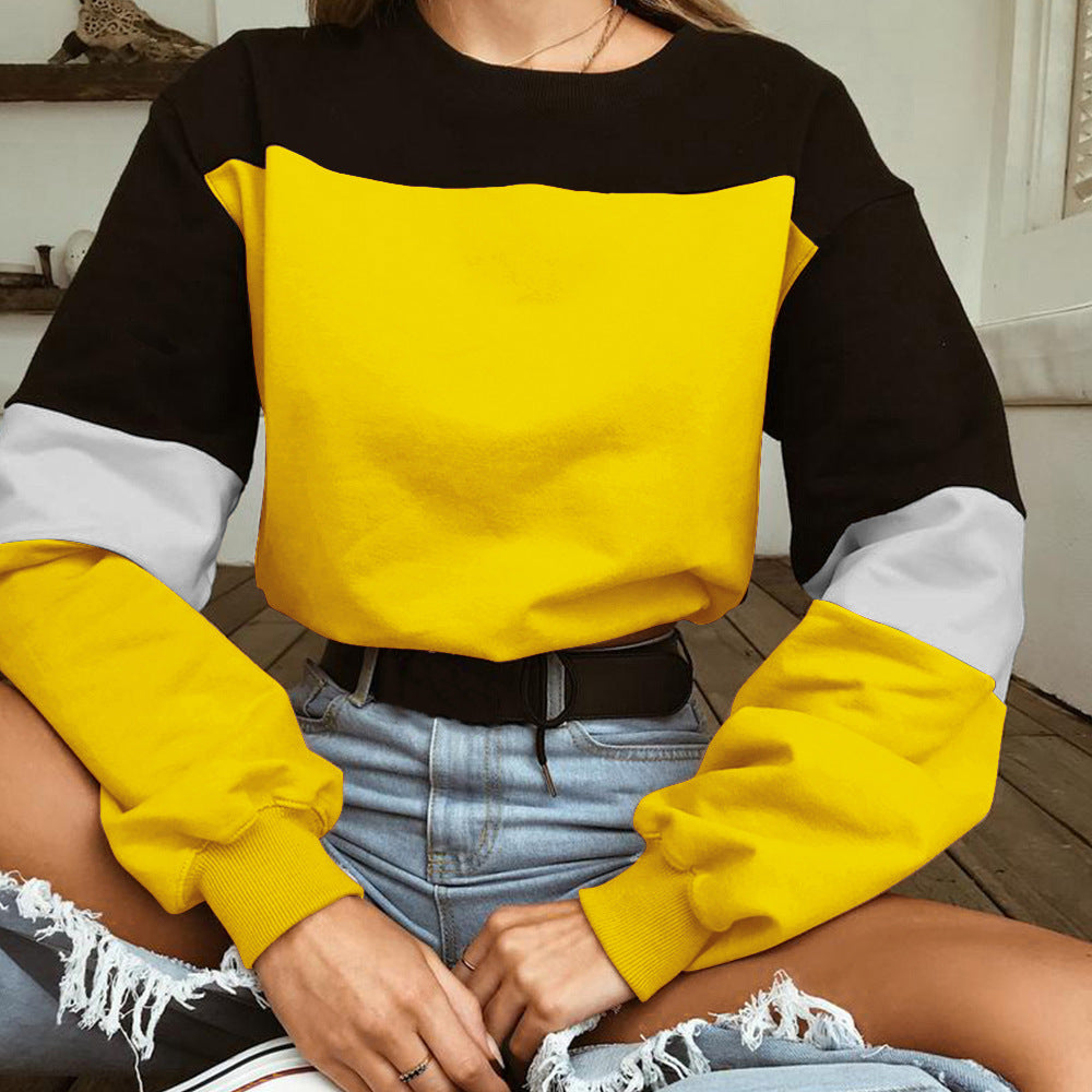 Cozy Patchwork Round Neck Lace-Up Sweater