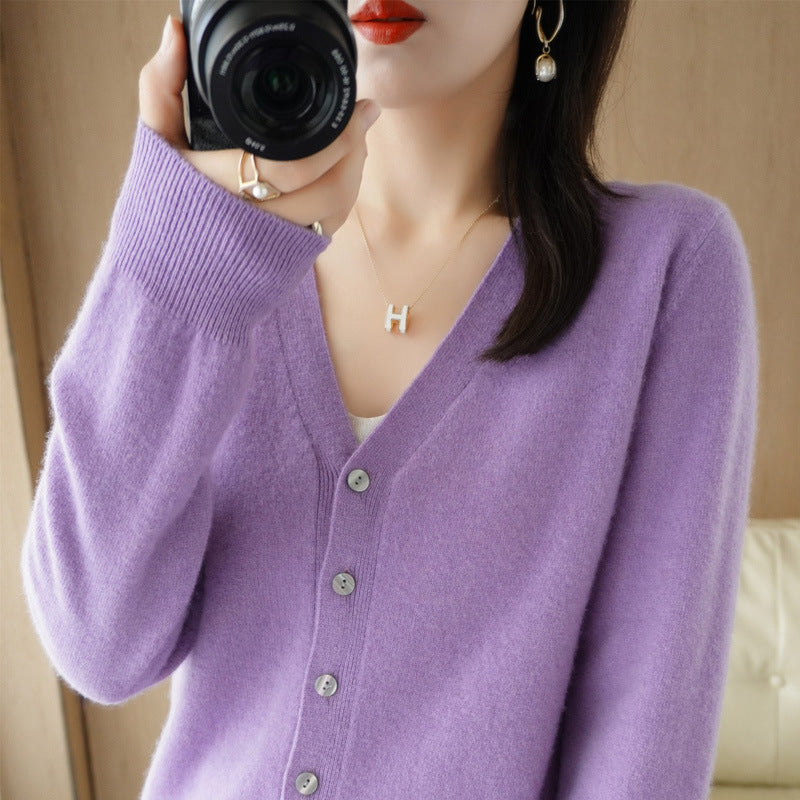 Womens V-neck Casual Solid-color Knitted Long-sleeve Jacket