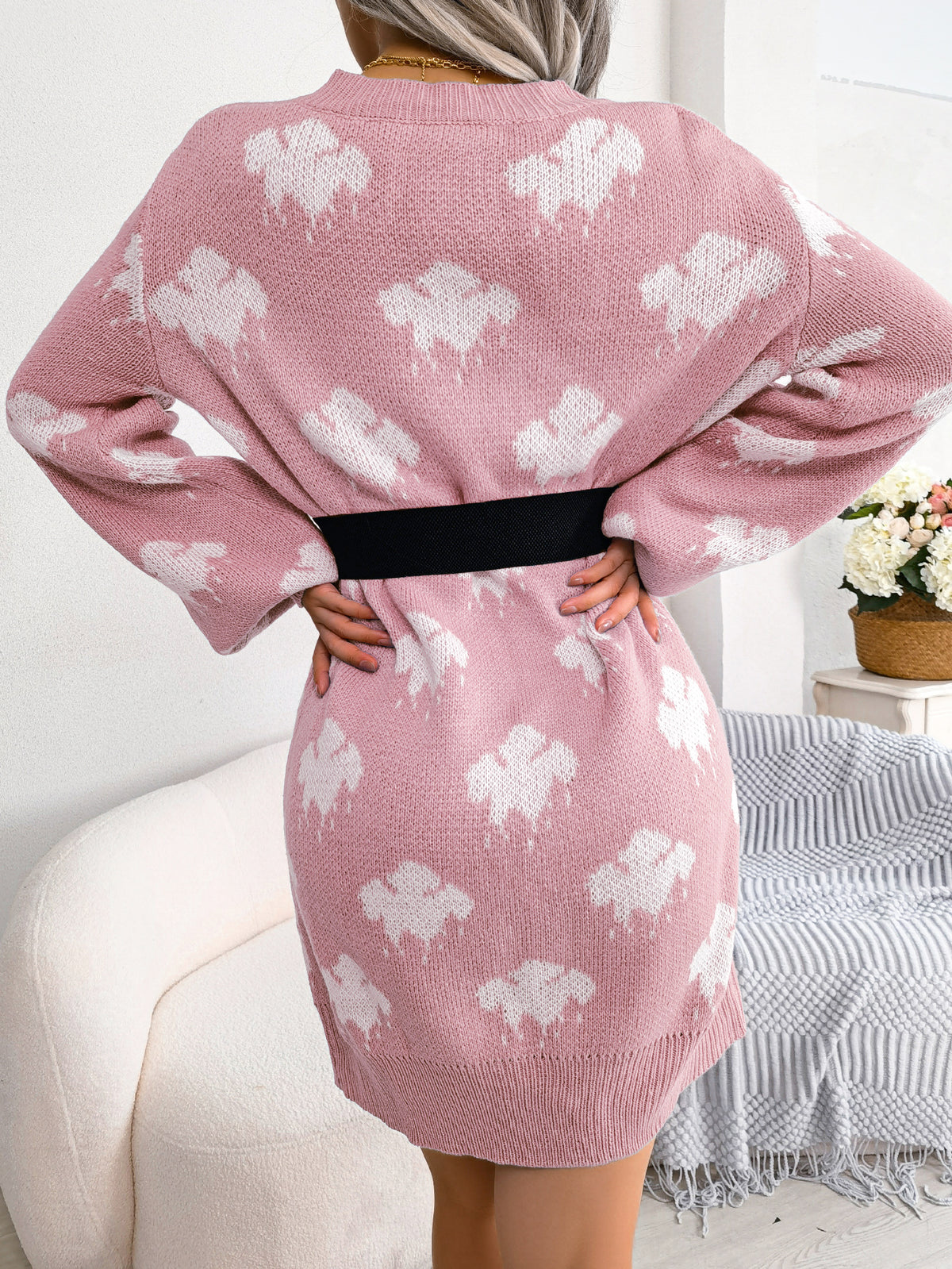 Women's Color-blocked Cloud Lantern Sleeve Knitted Slip Dress