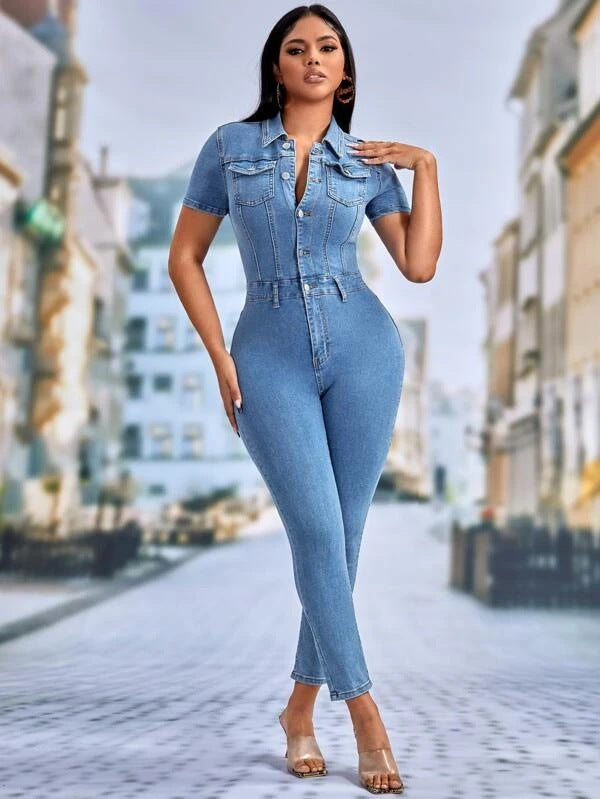 Women's Distressed Skinny Denim Jumpsuit Romper