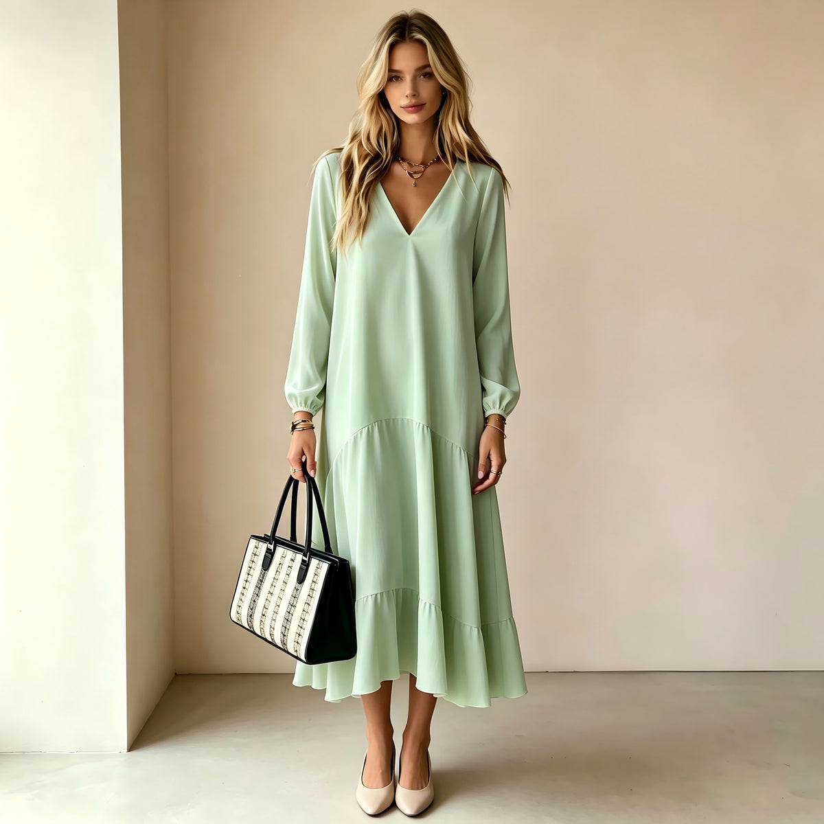 Elegant V-Neck Long-Sleeve Maxi Dress