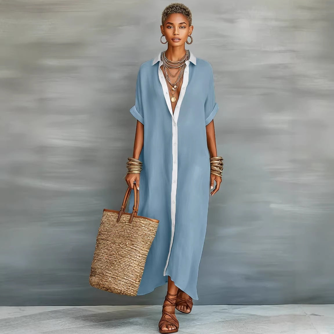 Color-blocked Loose and Linen Long Dress Fashionable and Casual Dress