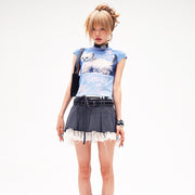 Slim-Fit Vintage Print Top – Short Sleeve, Blue