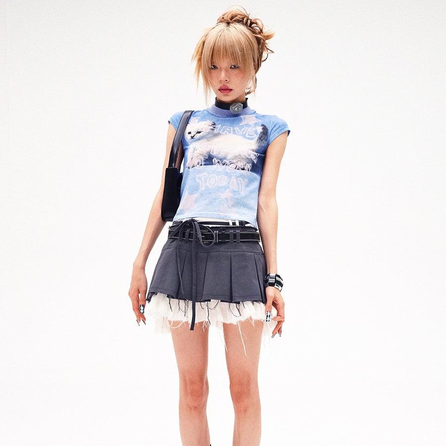 Slim-Fit Vintage Print Top – Short Sleeve, Blue