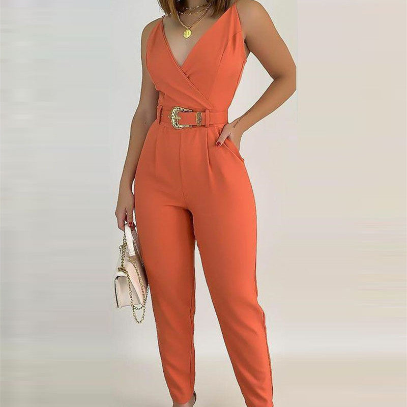 Chic V-Neck Tie Waist Slimming Jumpsuit for Women