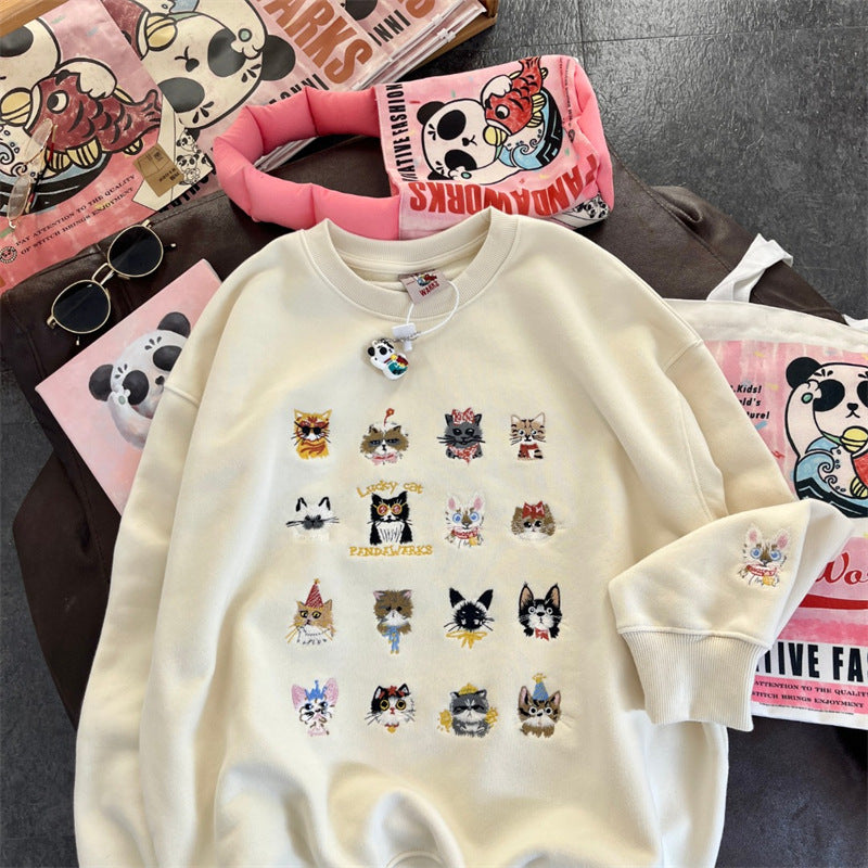 Cute Kitten Embroidered Loose Streetwear Sweater Coat