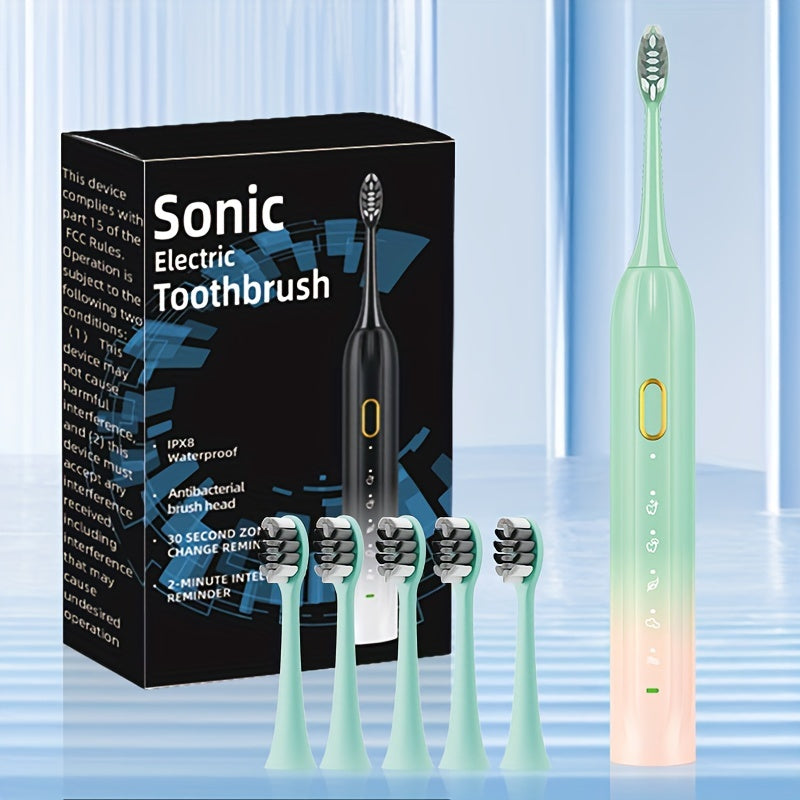 Sonic Electric Toothbrush with Metal Shaft and Rechargeable USB Charging, IPX8 Waterproof, Includes 5 Replacement Brush Heads