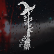Shimmering Witch’s Broom Wall Decal – Sparkling Cartoon Broomstick with Hat and Cauldron, Halloween Home Decor