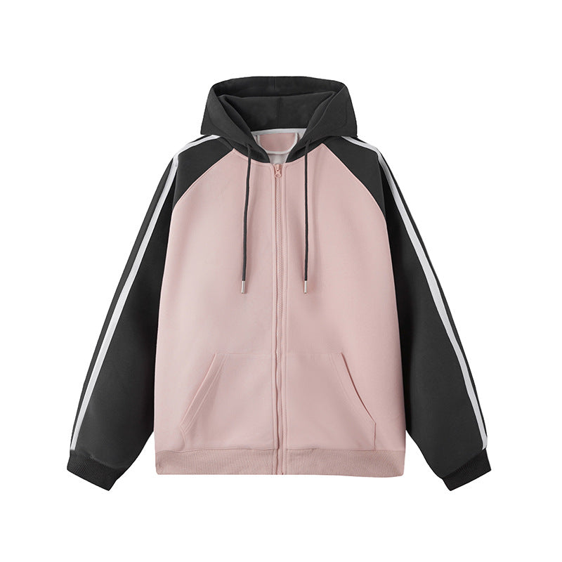 Retro Contrast Color Hooded Zip Sweatshirt