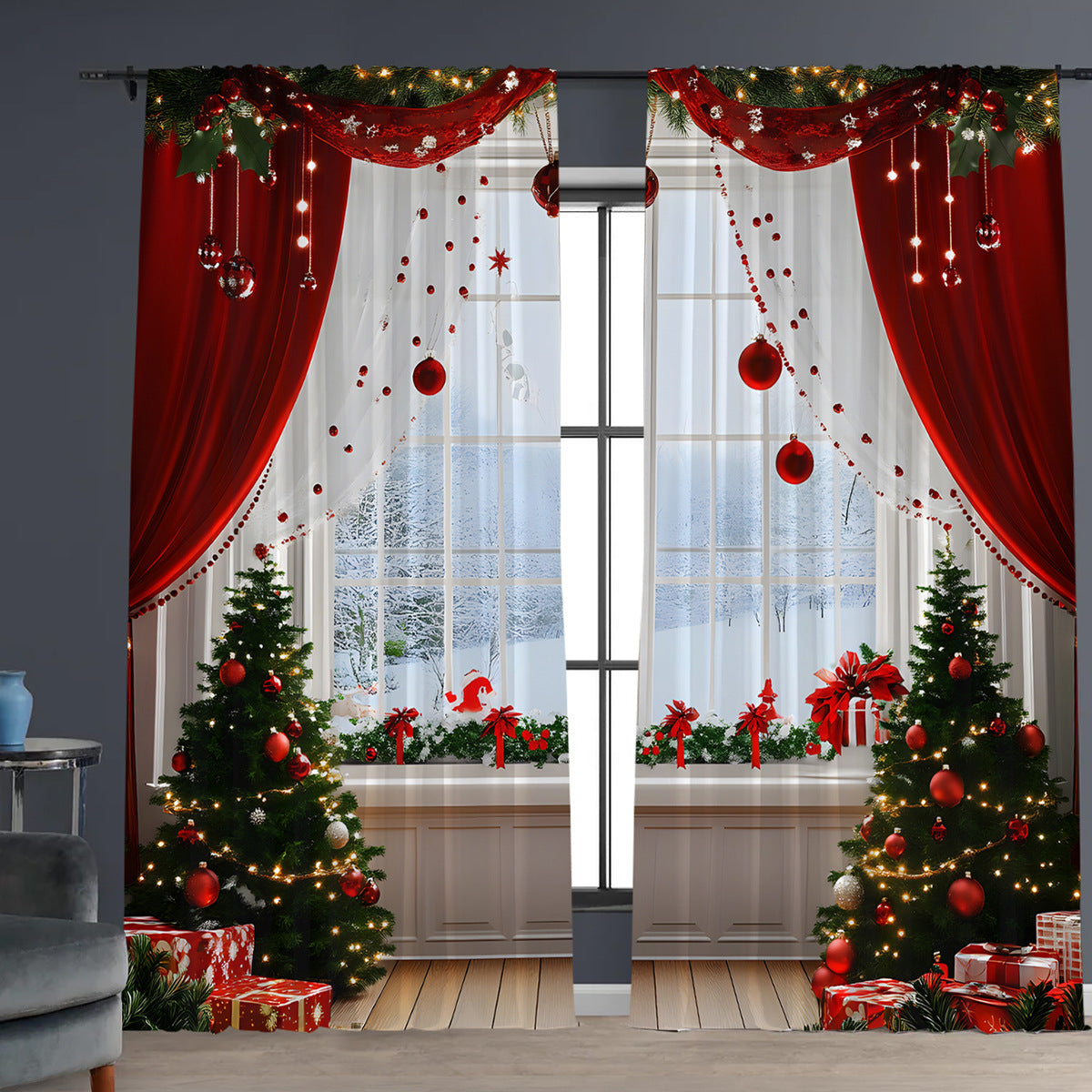 2pcs Christmas Curtain 3d Digital Printing Flower Type