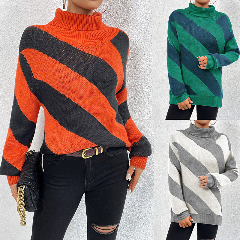 Female Casual Contrast Color Diagonal Stripes Turtleneck Pullover