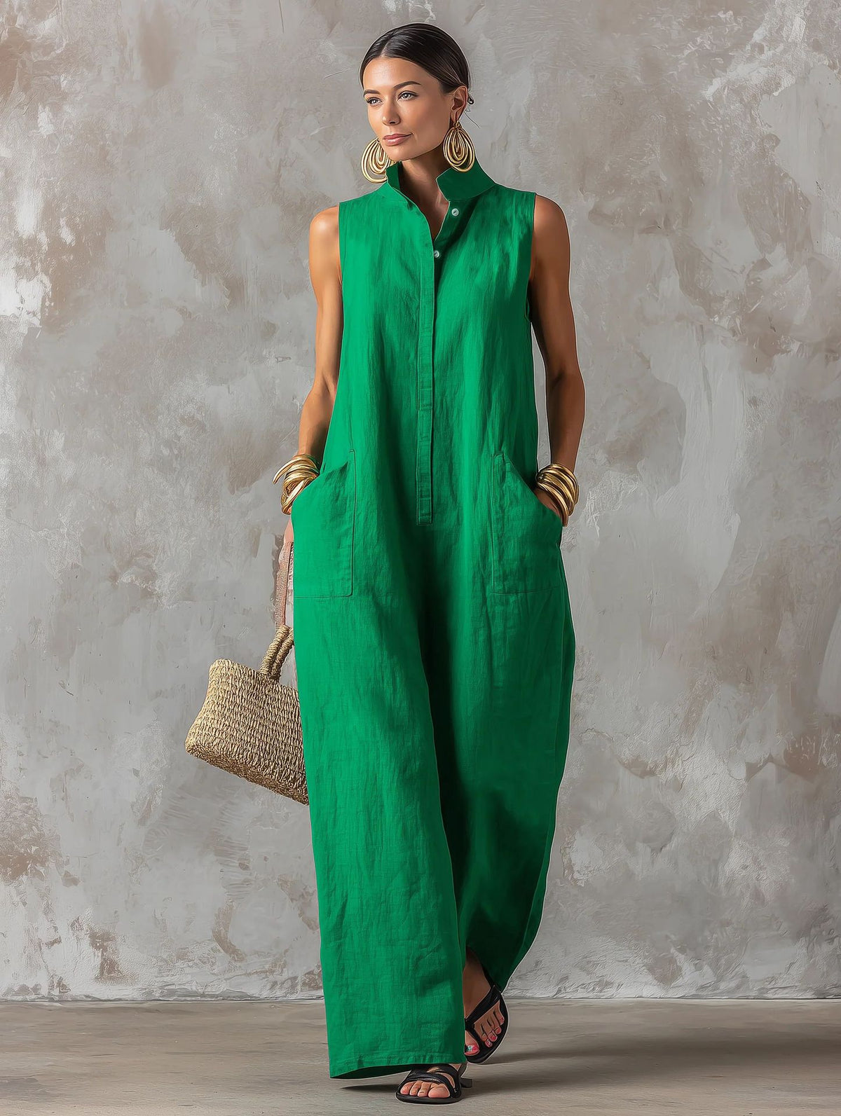 Chic Linen-Blend Stand-Collar Sleeveless Jumpsuit