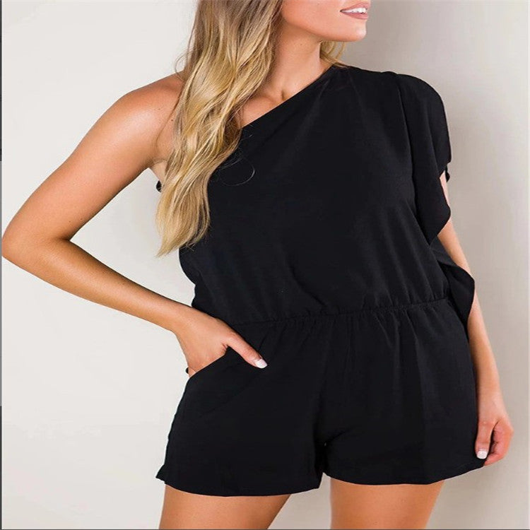 Chic One-Shoulder Solid Color Romper Shorts
