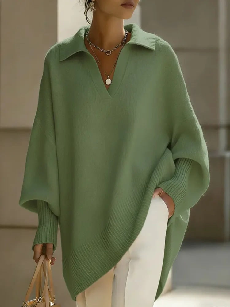 Lapel-collar Loose-fit Solid-color Sweater with Lantern Sleeves
