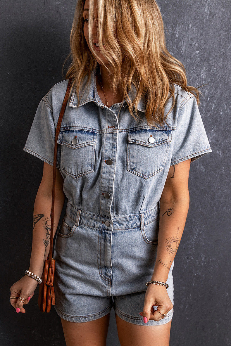 Retro Washed Denim Short Sleeve Jumpsuit Romper