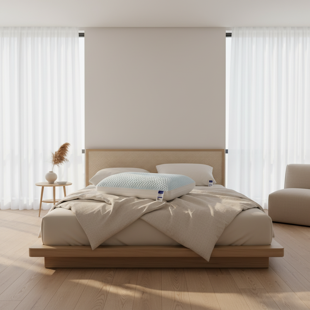 Bedroom with a wooden bed frame, beige bedding, and white pillows.