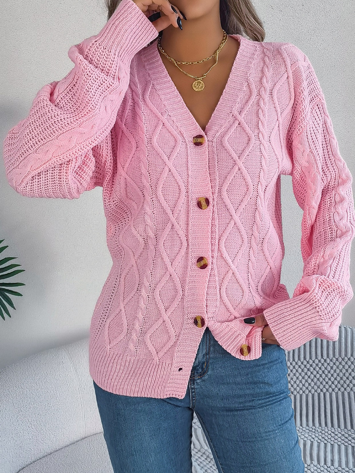 Women Casual V-neck Lantern Sleeve Cable Knit Button Cardigan Sweater