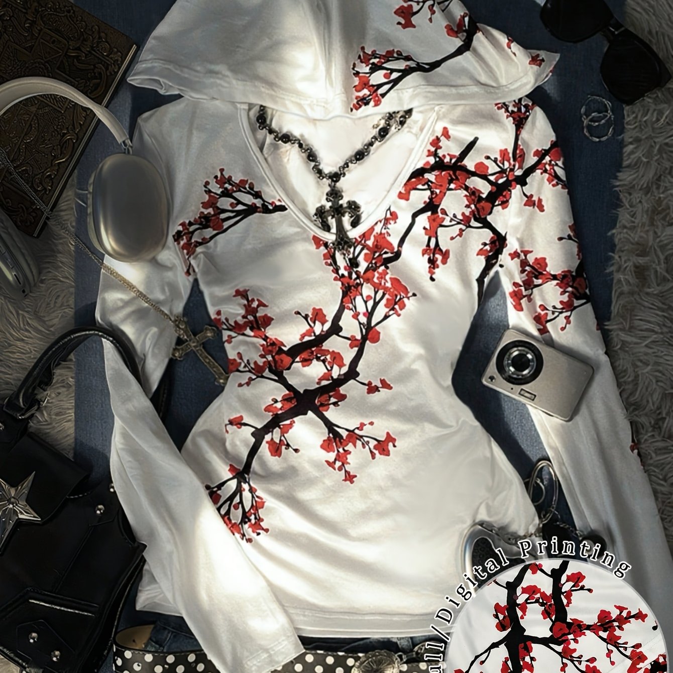 Women's Y2K Plum Blossom Print Hooded V-Neck T-Shirt – Vintage 2000s Style