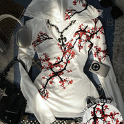 Women's Y2K Plum Blossom Print Hooded V-Neck T-Shirt – Vintage 2000s Style