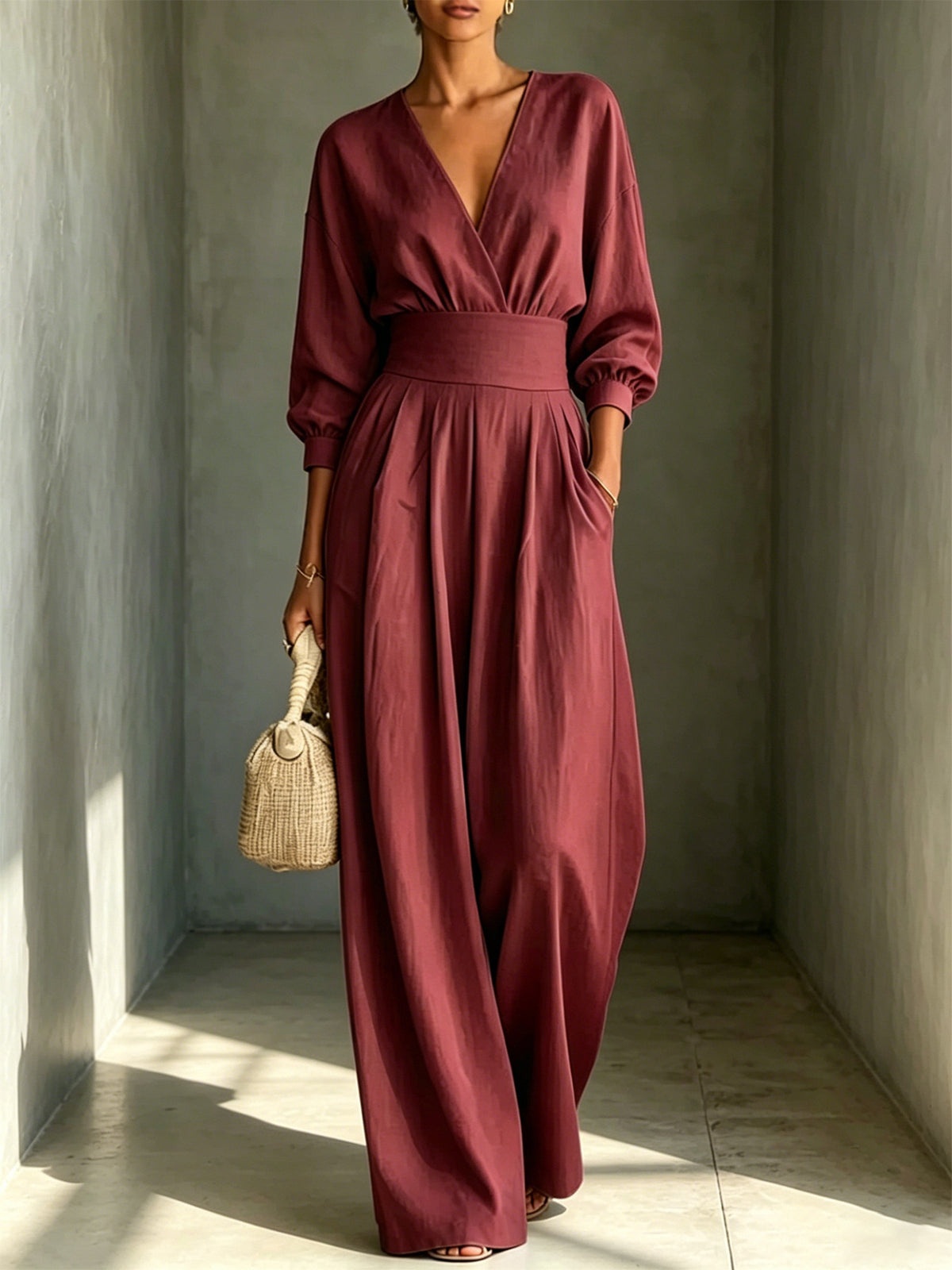 V-Neck Long-Sleeve Fitted Waist Wide-Leg Jumpsuit