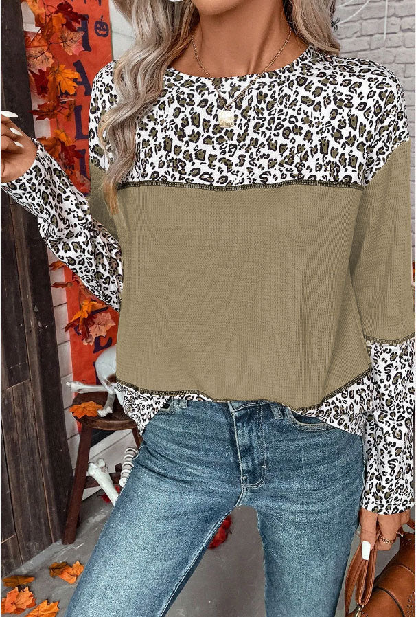 Leopard Splicing Waffle Knit Pullover Sweater