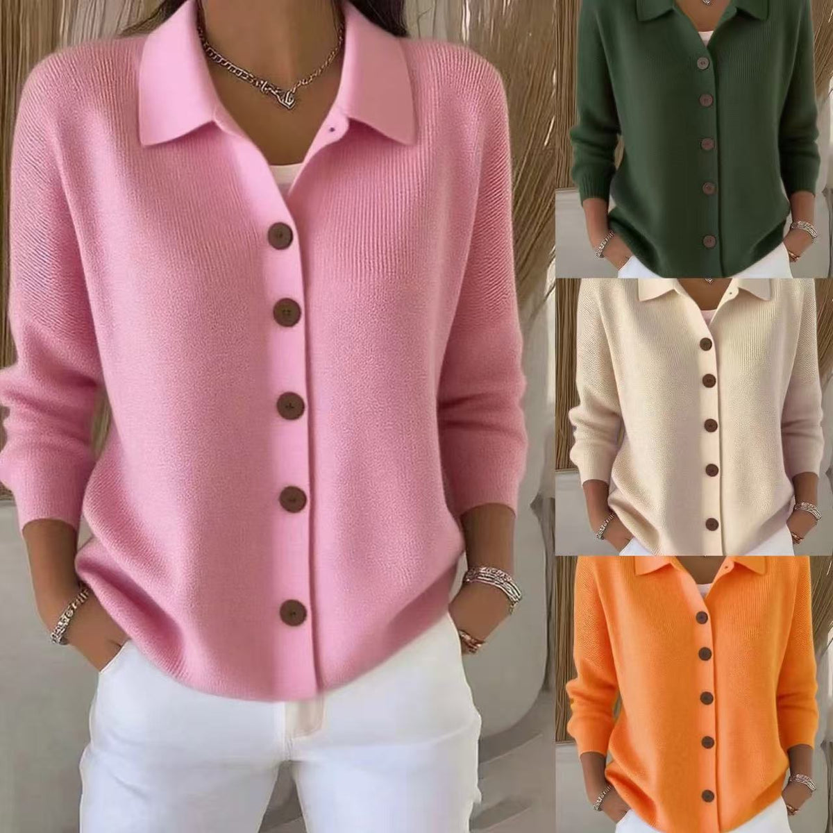 Button-knitted Lapel Sweater Cardigan Coat for Women