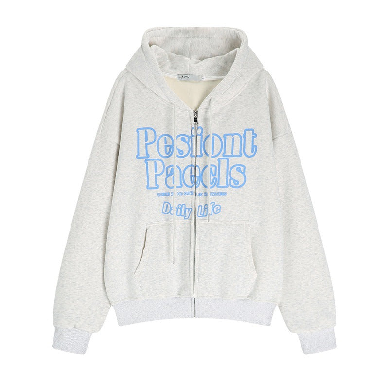Cozy Velvet-Lined Letter Hooded Cardigan Jacket