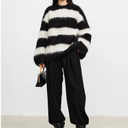 Women's Casual Round Neck Striped Artificial Mink Fur Sweater