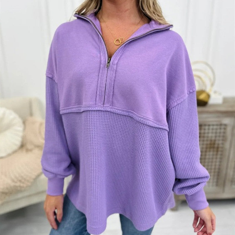 Women's Cozy Zip Patchwork Casual Pullover Sweater