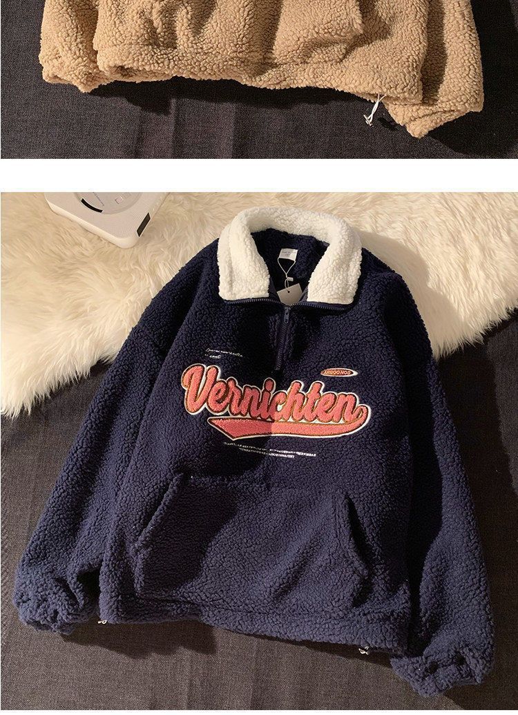Cozy Retro Half-Zip Lambswool Hoodie with Embroidery