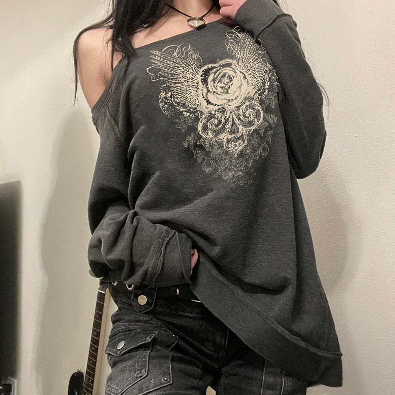 Retro Floral Print Diagonal Neck Loose Pullover Sweater