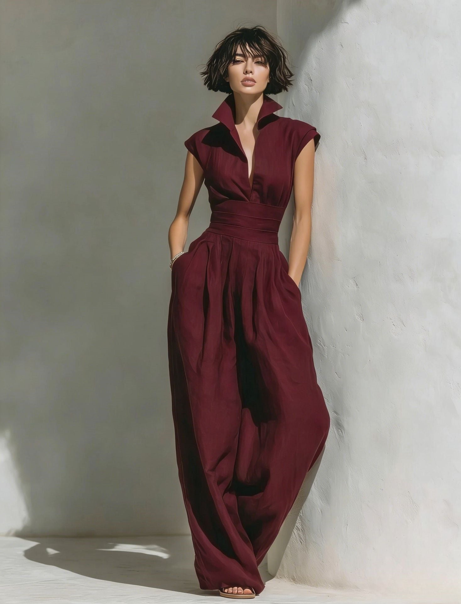 Elegant Pleated Waist-Cinching Solid Women's Jumpsuit