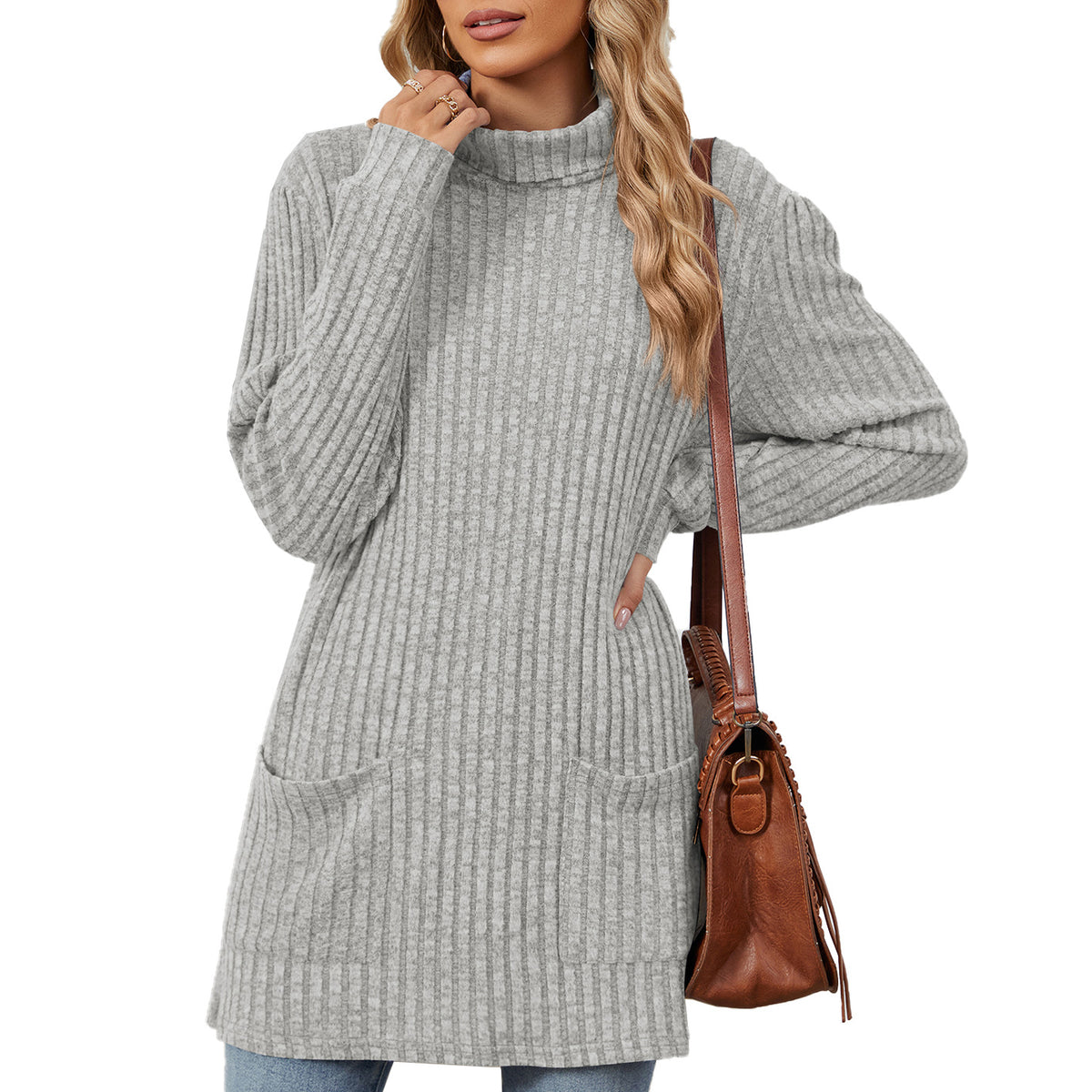 Mock-neck Long-sleeve Casual Womens Top with Pockets