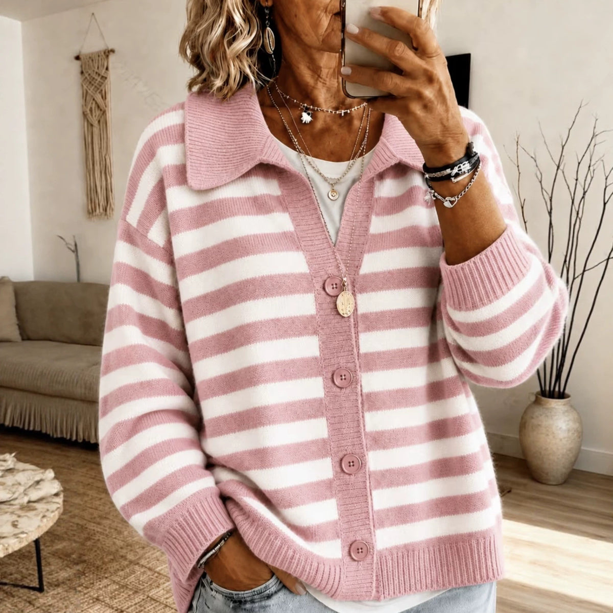 Womens Fashion Striped Lapel Knitted Jacket