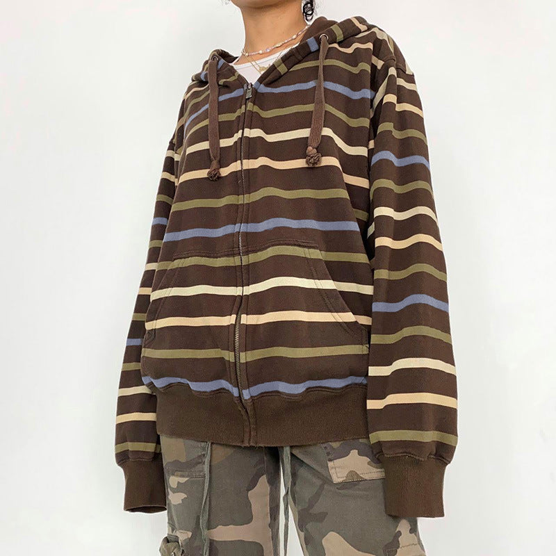 Chic Striped Loose Hooded Sweater for Women