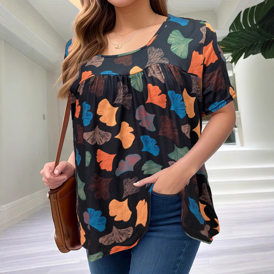 Women's Casual Printed Short Sleeve Top – Loose Fit, Korean Style