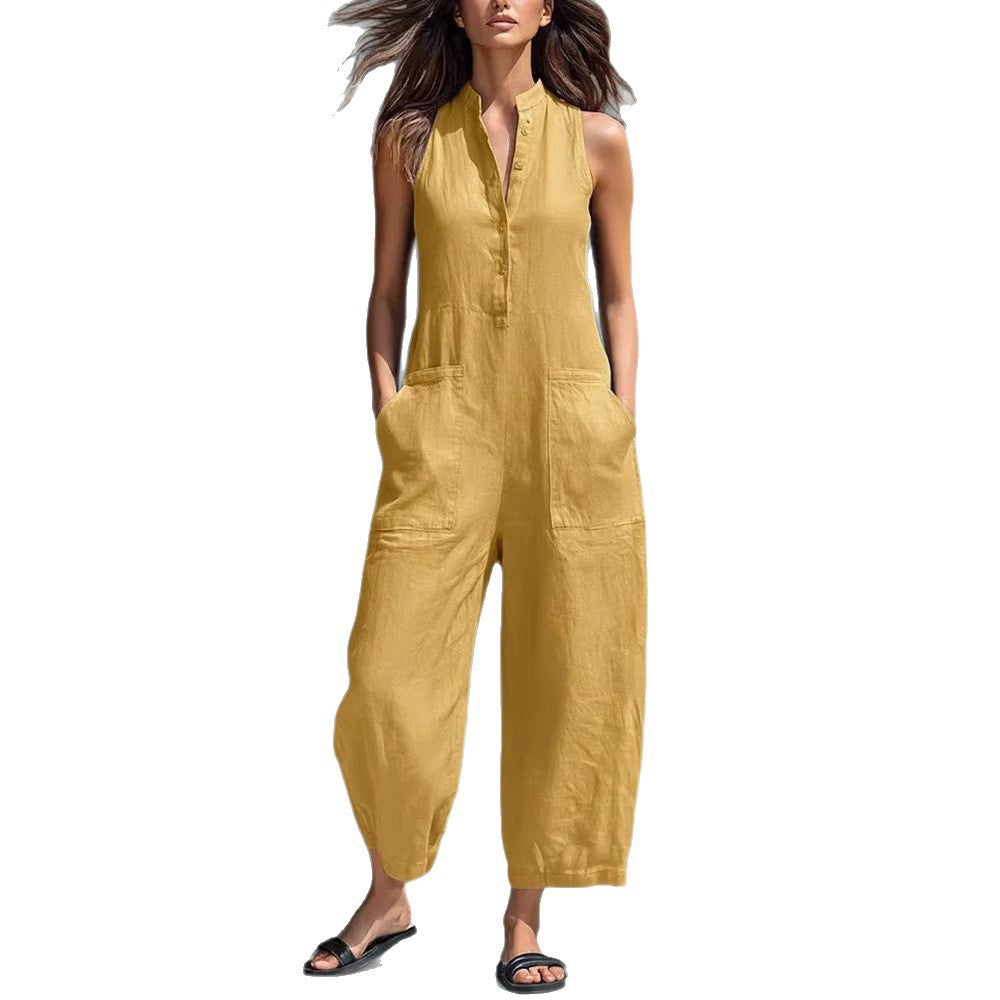 Casual Womens Sleeveless Stand Neck Pocket Jumpsuit