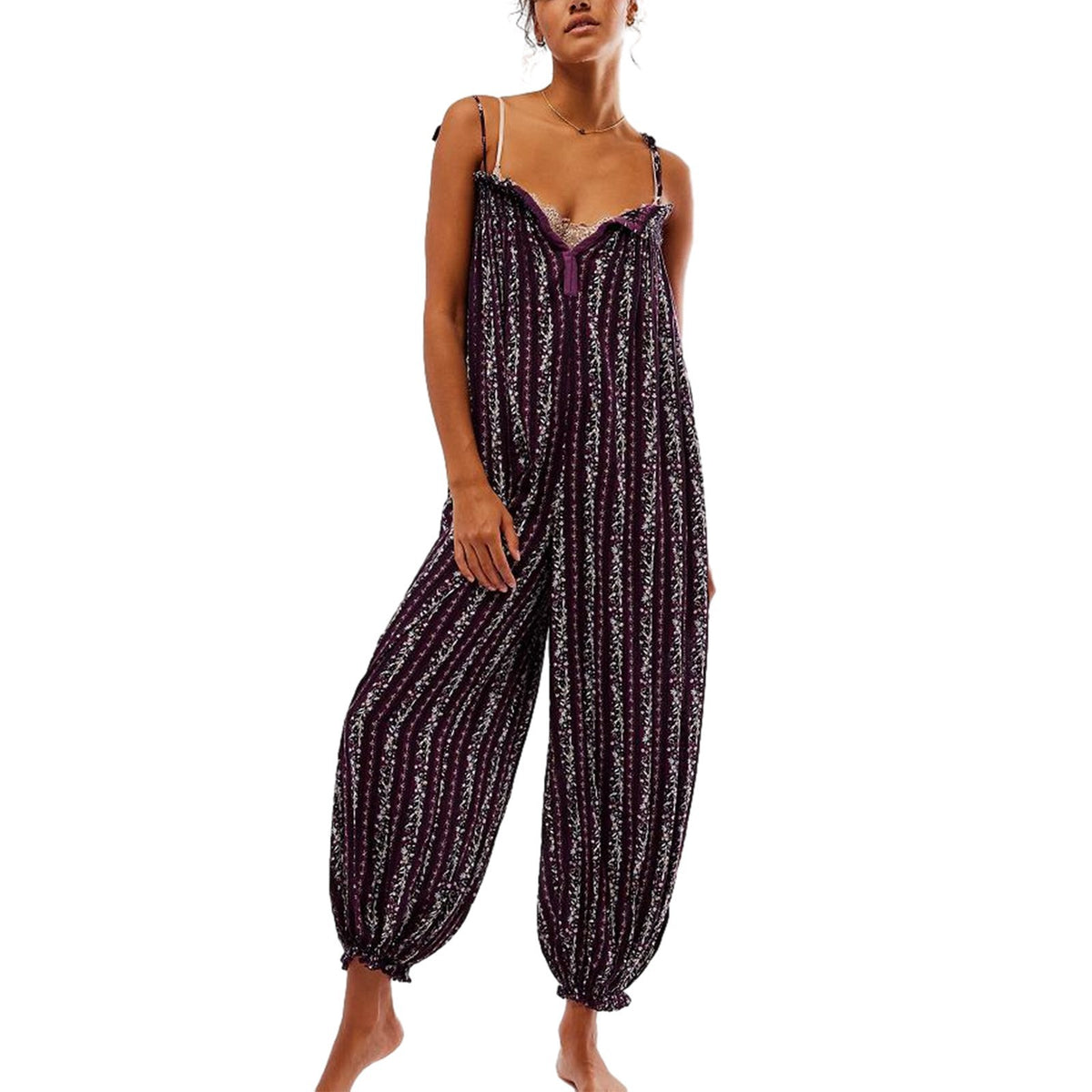 Womens Printed Loose-Fit Figure-Flattering Jumpsuit
