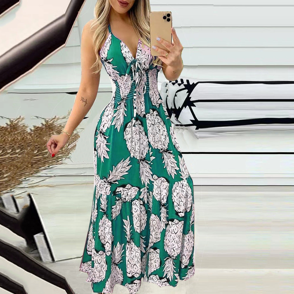 Bohemian Pineapple Print Spaghetti Strap Maxi Dress, Deep V Neck Tie Front Ruched Waist Flowy Long Dress for Beach Vacation Summer Dress for Women