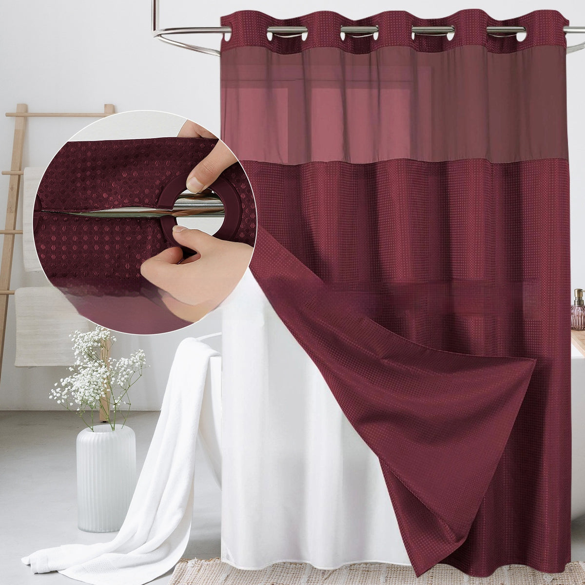 Solid-color Waffle-patterned Double-layer Large-loop-lined Shower Curtain