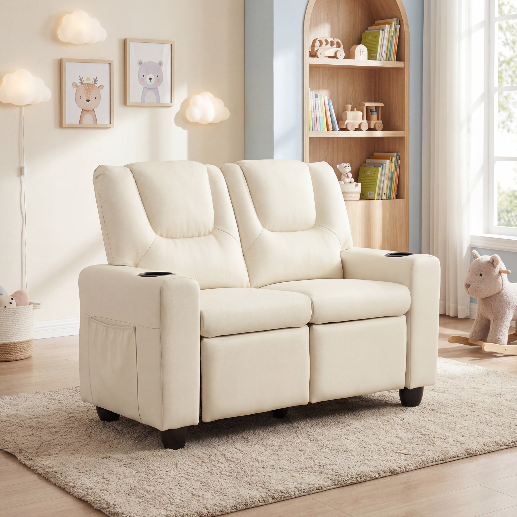 Kids 2‑Seat Recliner Loveseat with Adjustable Backrest and Footrest, PU Leather, Cup Holders and Side Storage Pockets