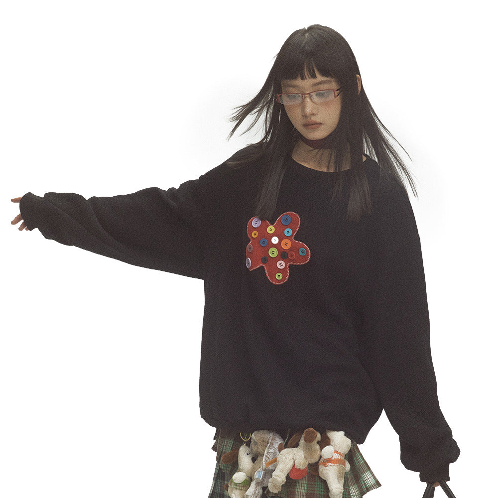 Floral Embroidered Loose Round Neck Cotton Sweater