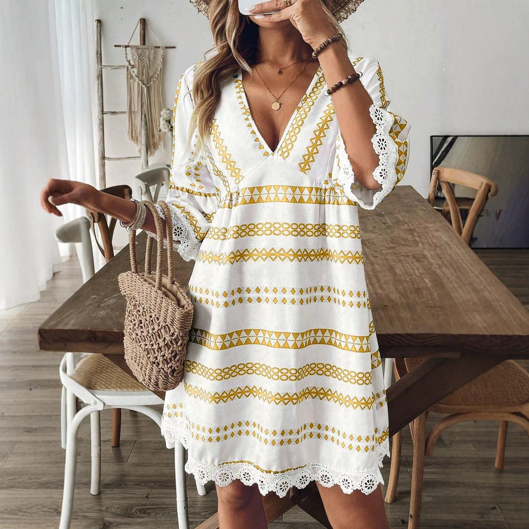 New Womens Lace-trimmed Sleeve Cuff Dress
