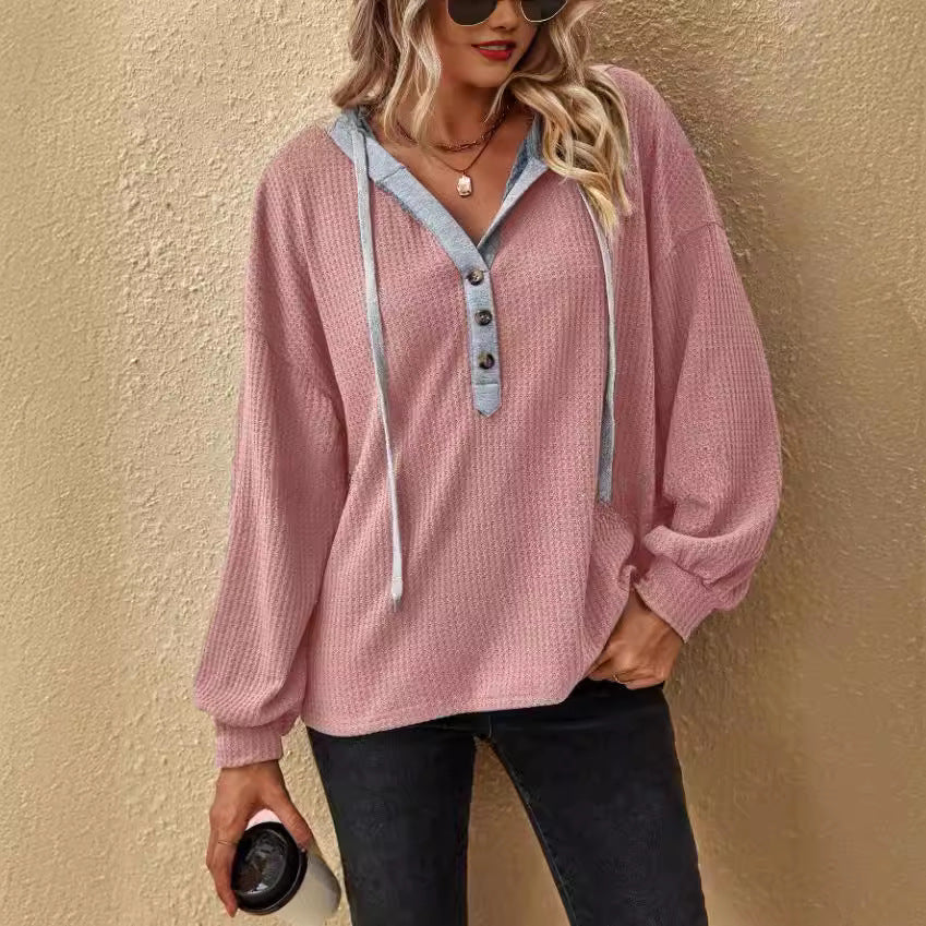 Women's Casual Button Hooded Waffle Knit Sweater